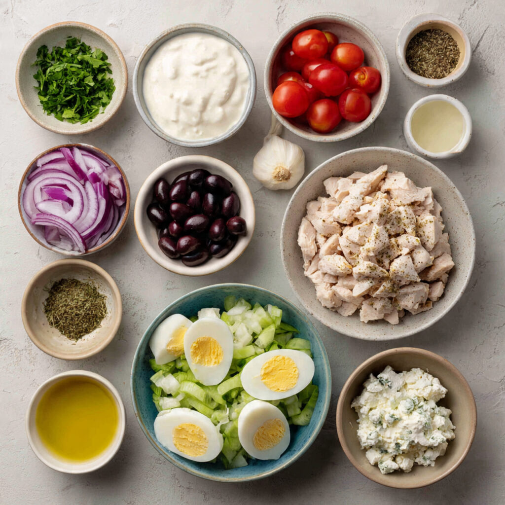 Colorful ingredients for chicken salad