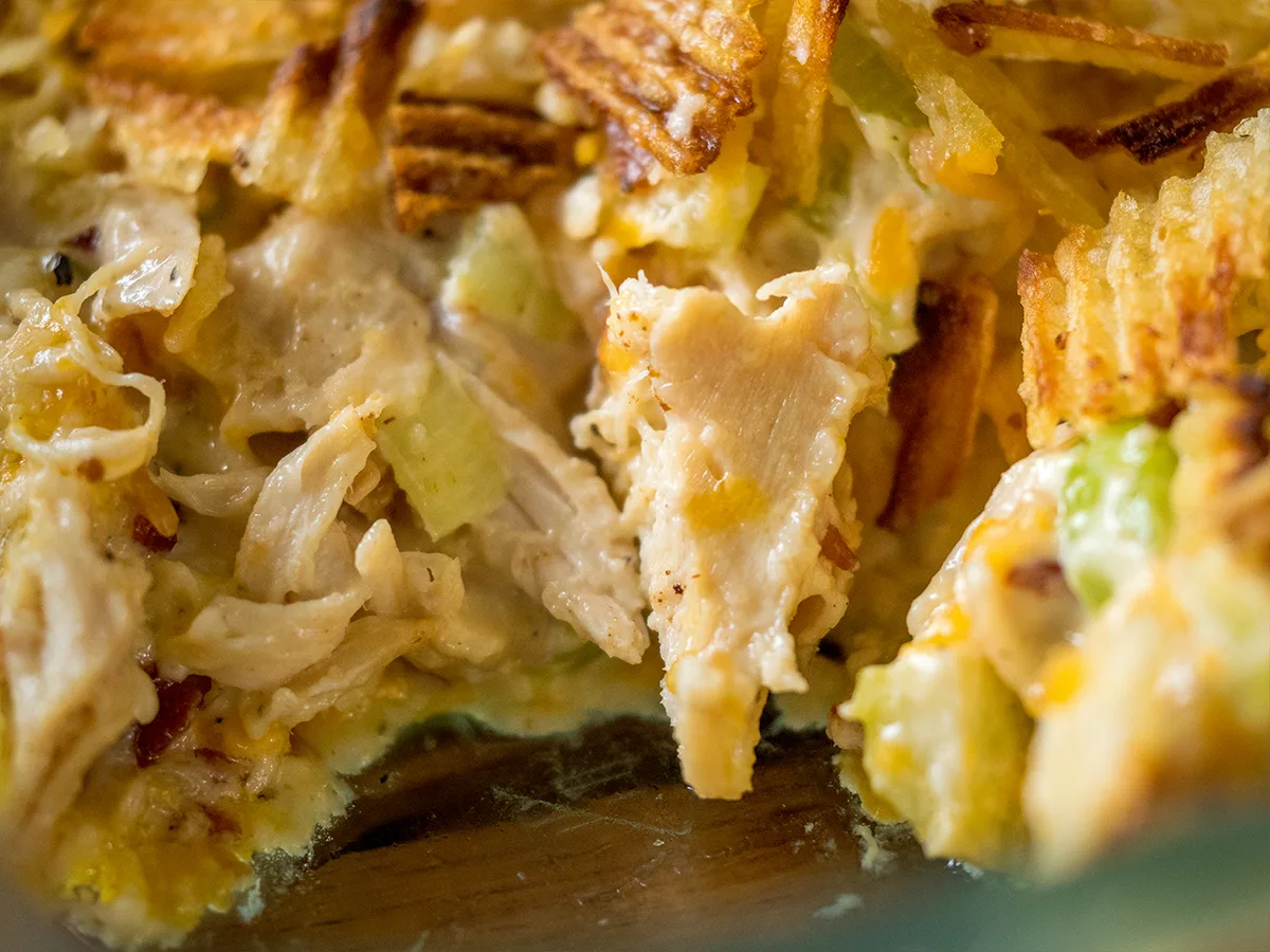 Hot chicken salad with potato chips