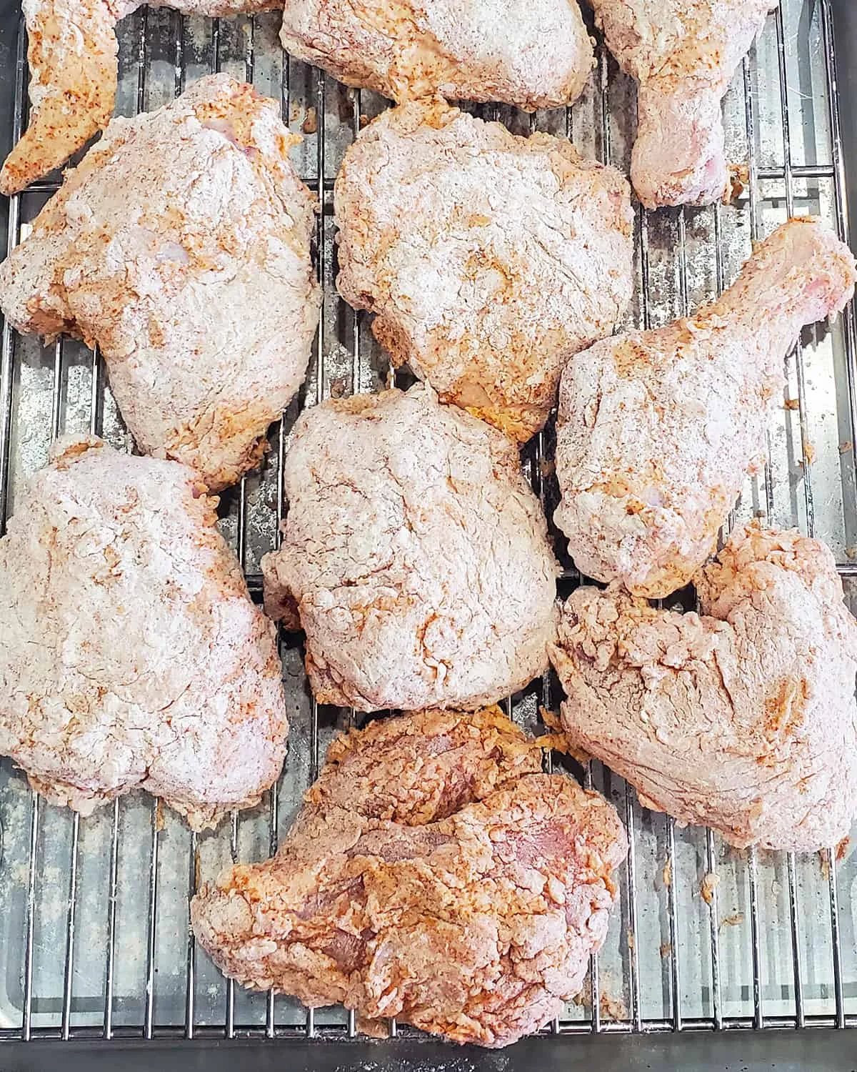 post-dredge rest step for fried chicken