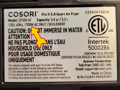 air fryer rated wattage